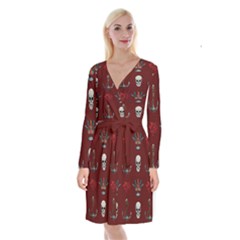 Tattoo Old School Background Pattern Long Sleeve Velvet Front Wrap Dress by Wegoenart