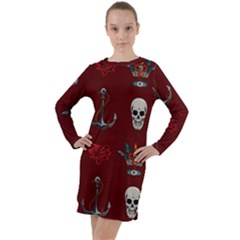 Tattoo Old School Background Pattern Long Sleeve Hoodie Dress