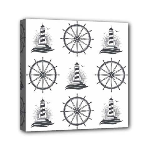 Marine Nautical Seamless Pattern With Vintage Lighthouse Wheel Mini Canvas 6  X 6  (stretched) by Wegoenart