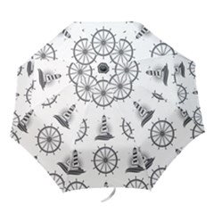 Marine Nautical Seamless Pattern With Vintage Lighthouse Wheel Folding Umbrellas by Wegoenart