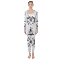 Marine Nautical Seamless Pattern With Vintage Lighthouse Wheel Long Sleeve Catsuit by Wegoenart