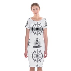 Marine Nautical Seamless Pattern With Vintage Lighthouse Wheel Classic Short Sleeve Midi Dress