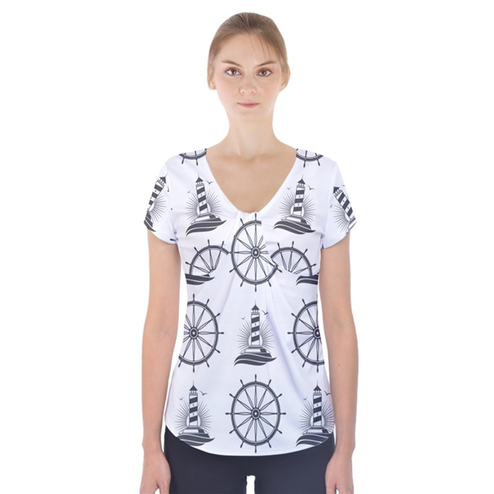 Marine Nautical Seamless Pattern With Vintage Lighthouse Wheel Short Sleeve Front Detail Top