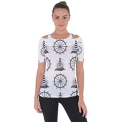 Marine Nautical Seamless Pattern With Vintage Lighthouse Wheel Shoulder Cut Out Short Sleeve Top by Wegoenart