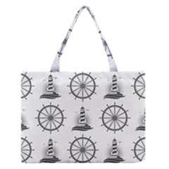 Marine Nautical Seamless Pattern With Vintage Lighthouse Wheel Zipper Medium Tote Bag by Wegoenart