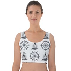 Marine Nautical Seamless Pattern With Vintage Lighthouse Wheel Velvet Crop Top by Wegoenart