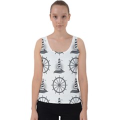 Marine Nautical Seamless Pattern With Vintage Lighthouse Wheel Velvet Tank Top by Wegoenart