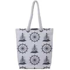 Marine Nautical Seamless Pattern With Vintage Lighthouse Wheel Full Print Rope Handle Tote (small) by Wegoenart