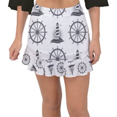 Marine Nautical Seamless Pattern With Vintage Lighthouse Wheel Fishtail Mini Chiffon Skirt