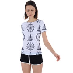 Marine Nautical Seamless Pattern With Vintage Lighthouse Wheel Back Circle Cutout Sports Tee