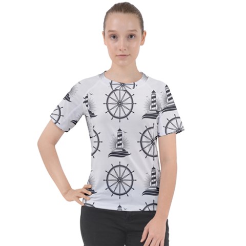 Marine Nautical Seamless Pattern With Vintage Lighthouse Wheel Women s Sport Raglan Tee by Wegoenart