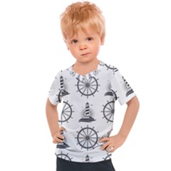 Marine Nautical Seamless Pattern With Vintage Lighthouse Wheel Kids  Sports Tee