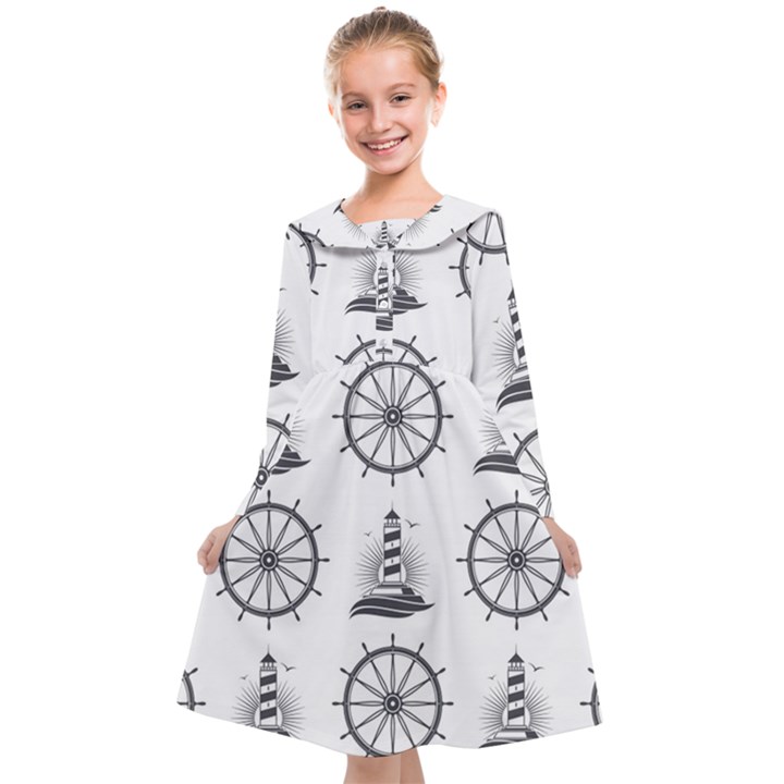 Marine Nautical Seamless Pattern With Vintage Lighthouse Wheel Kids  Midi Sailor Dress