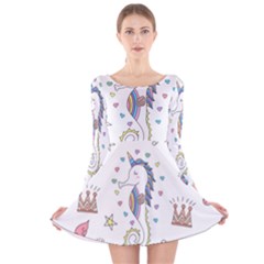 Seamless Pattern Cute Unicorn Cartoon Hand Drawn Long Sleeve Velvet Skater Dress by Wegoenart