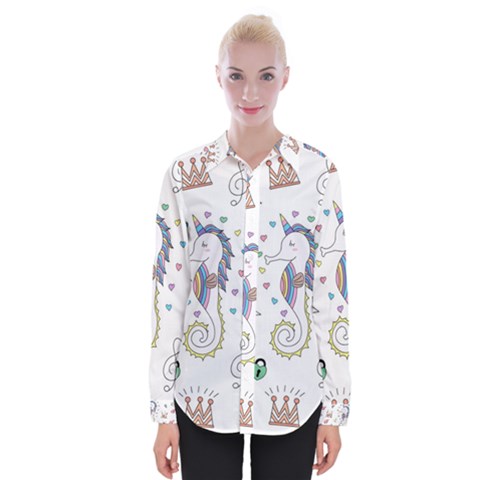 Seamless Pattern Cute Unicorn Cartoon Hand Drawn Womens Long Sleeve Shirt by Wegoenart