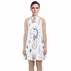 Seamless Pattern Cute Unicorn Cartoon Hand Drawn Velvet Halter Neckline Dress  by Wegoenart