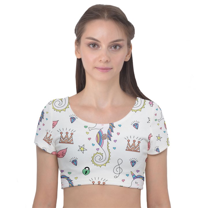 Seamless Pattern Cute Unicorn Cartoon Hand Drawn Velvet Short Sleeve Crop Top 