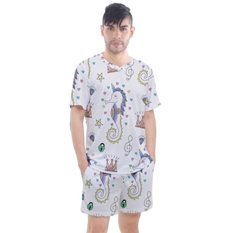 Seamless Pattern Cute Unicorn Cartoon Hand Drawn Men s Mesh Tee And Shorts Set by Wegoenart