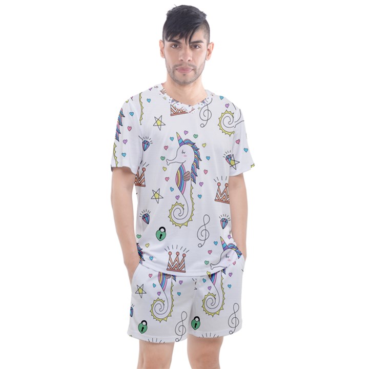 Seamless Pattern Cute Unicorn Cartoon Hand Drawn Men s Mesh Tee and Shorts Set