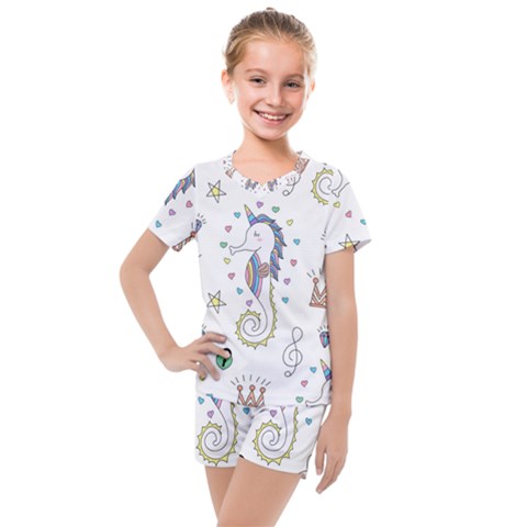 Seamless Pattern Cute Unicorn Cartoon Hand Drawn Kids  Mesh Tee And Shorts Set by Wegoenart