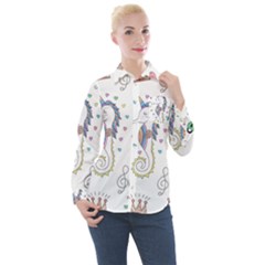 Seamless Pattern Cute Unicorn Cartoon Hand Drawn Women s Long Sleeve Pocket Shirt