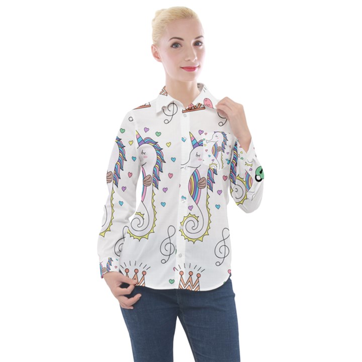 Seamless Pattern Cute Unicorn Cartoon Hand Drawn Women s Long Sleeve Pocket Shirt