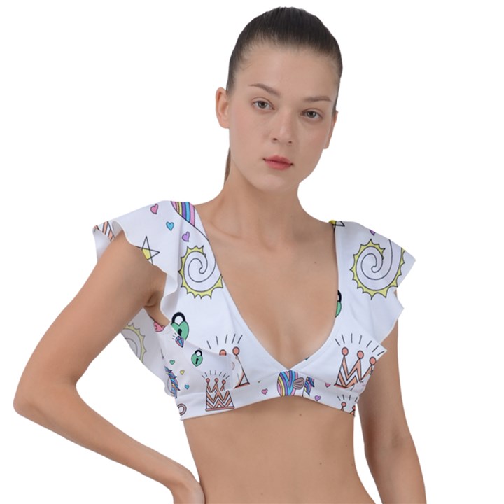 Seamless Pattern Cute Unicorn Cartoon Hand Drawn Plunge Frill Sleeve Bikini Top