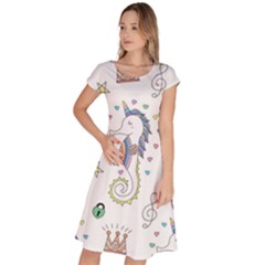 Seamless Pattern Cute Unicorn Cartoon Hand Drawn Classic Short Sleeve Dress by Wegoenart