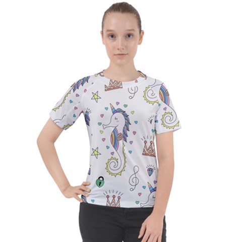 Seamless Pattern Cute Unicorn Cartoon Hand Drawn Women s Sport Raglan Tee by Wegoenart