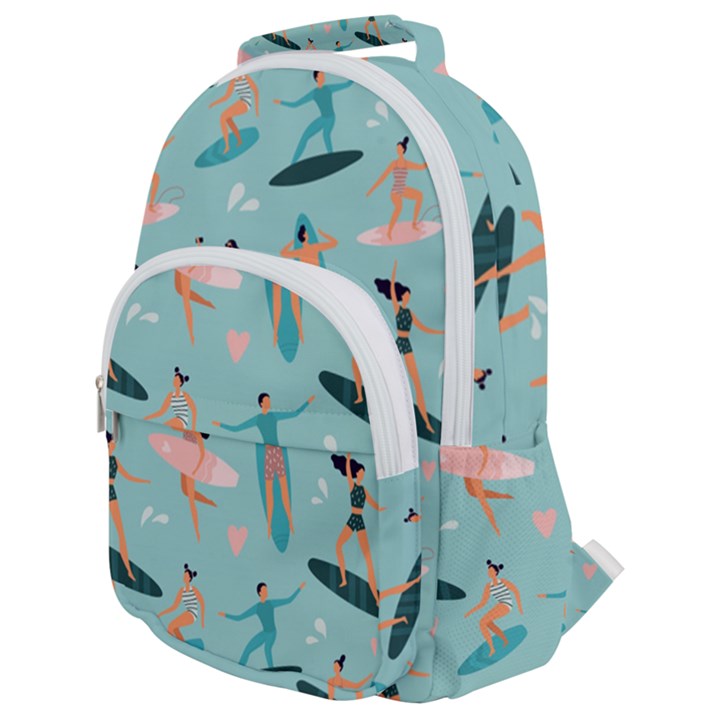 Beach Surfing Surfers With Surfboards Surfer Rides Wave Summer Outdoors Surfboards Seamless Pattern Rounded Multi Pocket Backpack