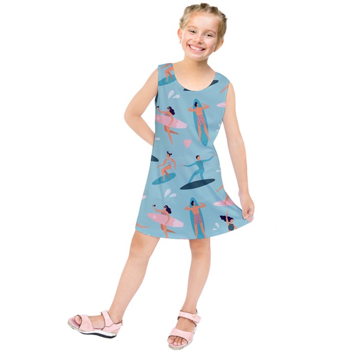 Beach Surfing Surfers With Surfboards Surfer Rides Wave Summer Outdoors Surfboards Seamless Pattern Kids  Tunic Dress