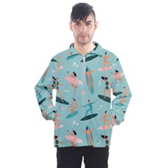 Beach Surfing Surfers With Surfboards Surfer Rides Wave Summer Outdoors Surfboards Seamless Pattern Men s Half Zip Pullover by Wegoenart