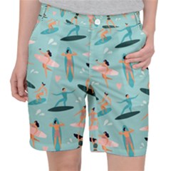 Beach Surfing Surfers With Surfboards Surfer Rides Wave Summer Outdoors Surfboards Seamless Pattern Pocket Shorts by Wegoenart