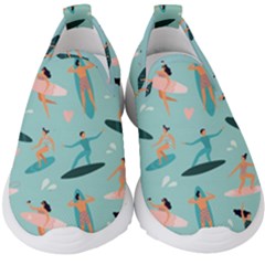 Beach Surfing Surfers With Surfboards Surfer Rides Wave Summer Outdoors Surfboards Seamless Pattern Kids  Slip On Sneakers by Wegoenart