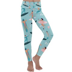 Beach Surfing Surfers With Surfboards Surfer Rides Wave Summer Outdoors Surfboards Seamless Pattern Kids  Lightweight Velour Classic Yoga Leggings by Wegoenart