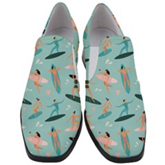 Beach Surfing Surfers With Surfboards Surfer Rides Wave Summer Outdoors Surfboards Seamless Pattern Women Slip On Heel Loafers by Wegoenart