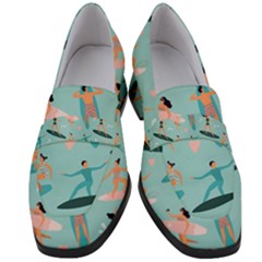 Beach Surfing Surfers With Surfboards Surfer Rides Wave Summer Outdoors Surfboards Seamless Pattern Women s Chunky Heel Loafers by Wegoenart