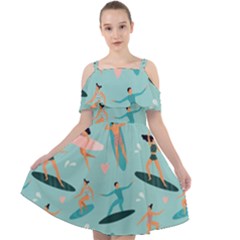 Beach Surfing Surfers With Surfboards Surfer Rides Wave Summer Outdoors Surfboards Seamless Pattern Cut Out Shoulders Chiffon Dress