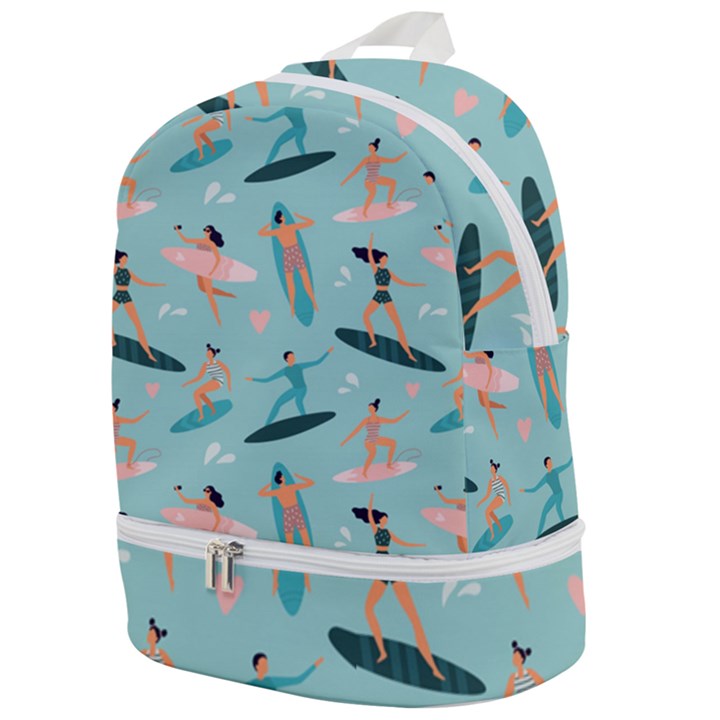 Beach Surfing Surfers With Surfboards Surfer Rides Wave Summer Outdoors Surfboards Seamless Pattern Zip Bottom Backpack