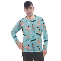 Beach Surfing Surfers With Surfboards Surfer Rides Wave Summer Outdoors Surfboards Seamless Pattern Men s Pique Long Sleeve Tee