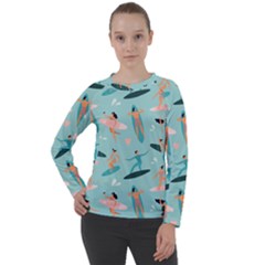 Beach Surfing Surfers With Surfboards Surfer Rides Wave Summer Outdoors Surfboards Seamless Pattern Women s Long Sleeve Raglan Tee