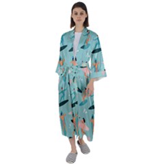 Beach Surfing Surfers With Surfboards Surfer Rides Wave Summer Outdoors Surfboards Seamless Pattern Maxi Satin Kimono by Wegoenart