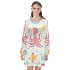 Underwater Seamless Pattern Light Background Funny Long Sleeve Chiffon Shift Dress  by Wegoenart