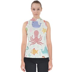 Underwater Seamless Pattern Light Background Funny Mock Neck Shell Top by Wegoenart