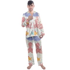 Underwater Seamless Pattern Light Background Funny Men s Satin Pajamas Long Pants Set by Wegoenart