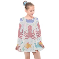 Underwater Seamless Pattern Light Background Funny Kids  Long Sleeve Dress by Wegoenart