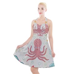 Underwater Seamless Pattern Light Background Funny Halter Party Swing Dress  by Wegoenart