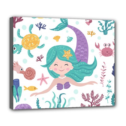 Set Cute Mermaid Seaweeds Marine Inhabitants Deluxe Canvas 24  X 20  (stretched) by Wegoenart