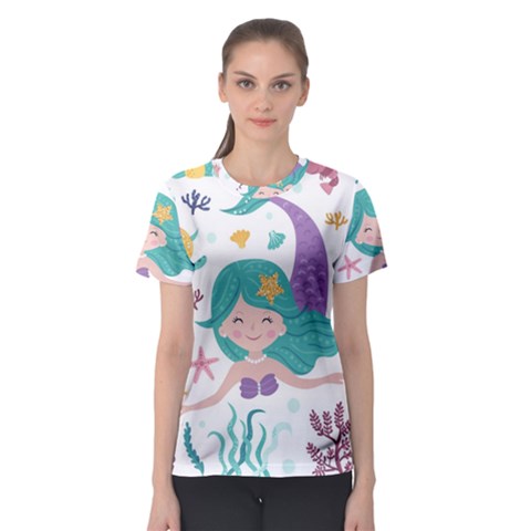 Set Cute Mermaid Seaweeds Marine Inhabitants Women s Sport Mesh Tee by Wegoenart