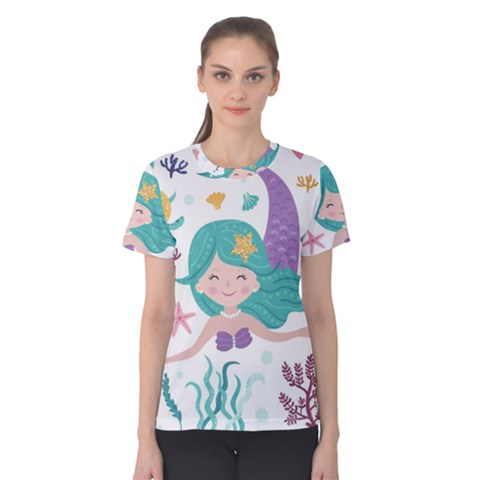 Set Cute Mermaid Seaweeds Marine Inhabitants Women s Cotton Tee by Wegoenart